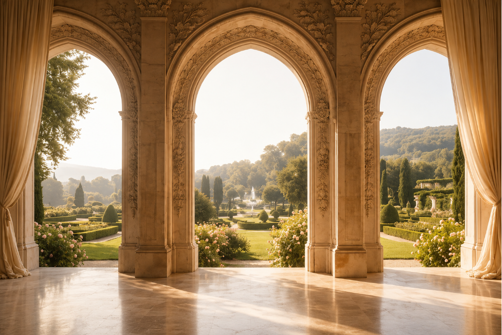 Opulent interior with classical architecture and a view of a garden